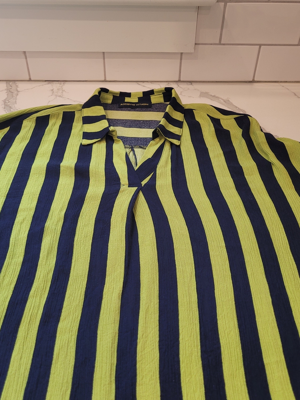 ADRIENNE VITTADINI-XL Striped Collared Womens Blouse  in Lime Green and Navy